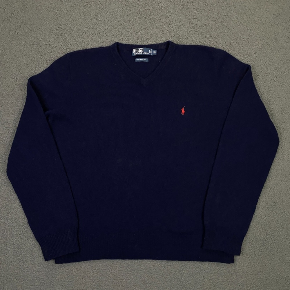Vintage Polo Ralph Lauren Sweater Mens XL Blue Lambswool V-Neck Pullover Pony